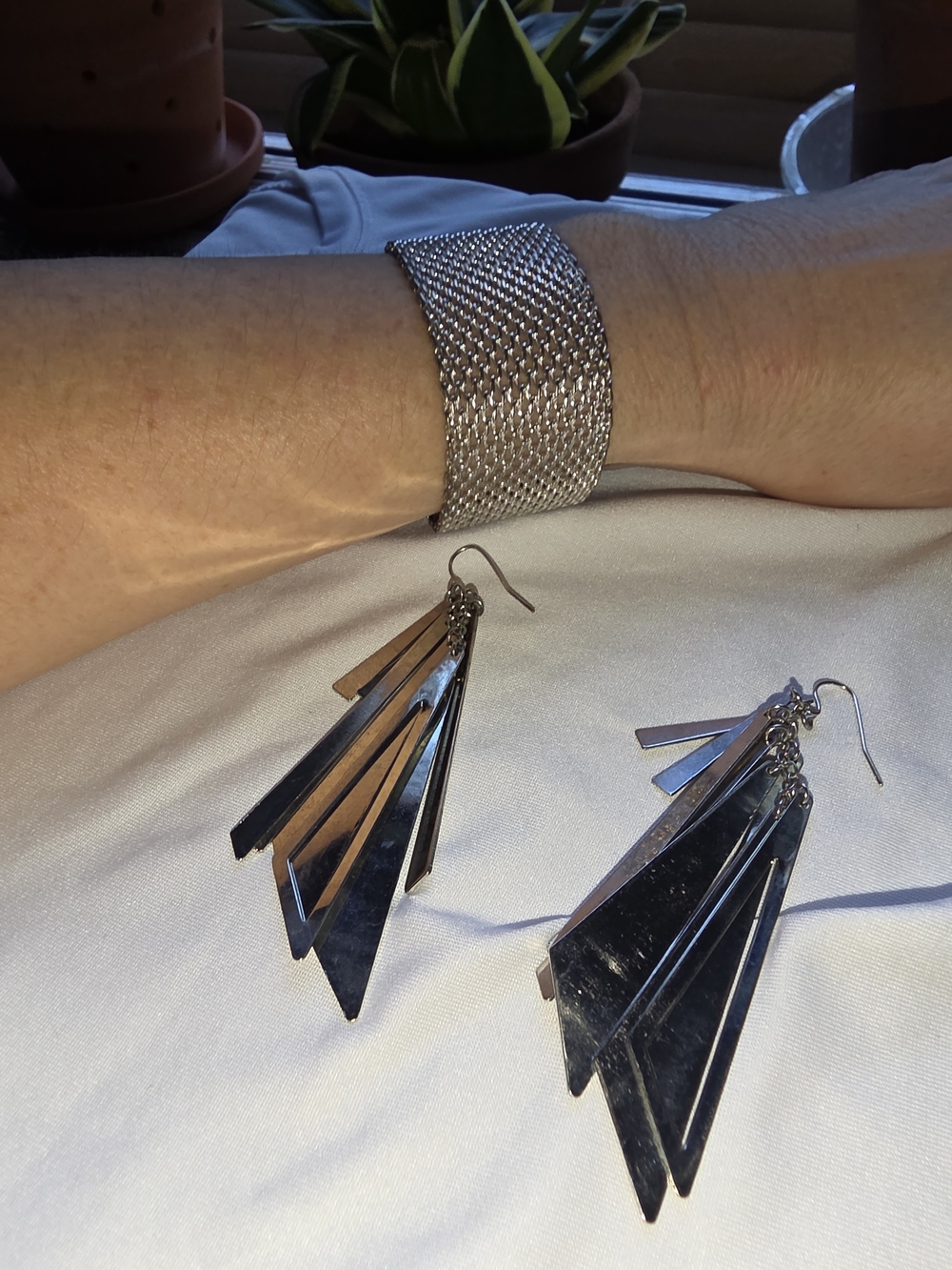 Silver Mesh Cuff Bracelet and Dangle Earrings Set